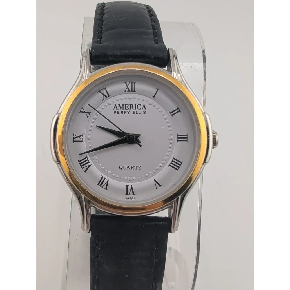 Vintage America Perry Ellis Women's Watch 28mm Case Leather Band- New Battery